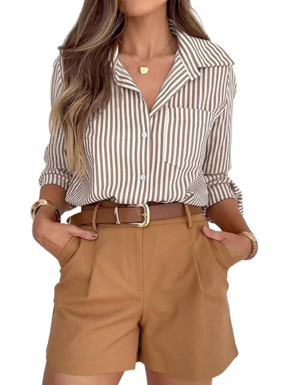 Women's Striped Button Down Shirts Dress Shirts Long Sleeves with Pocket Brown